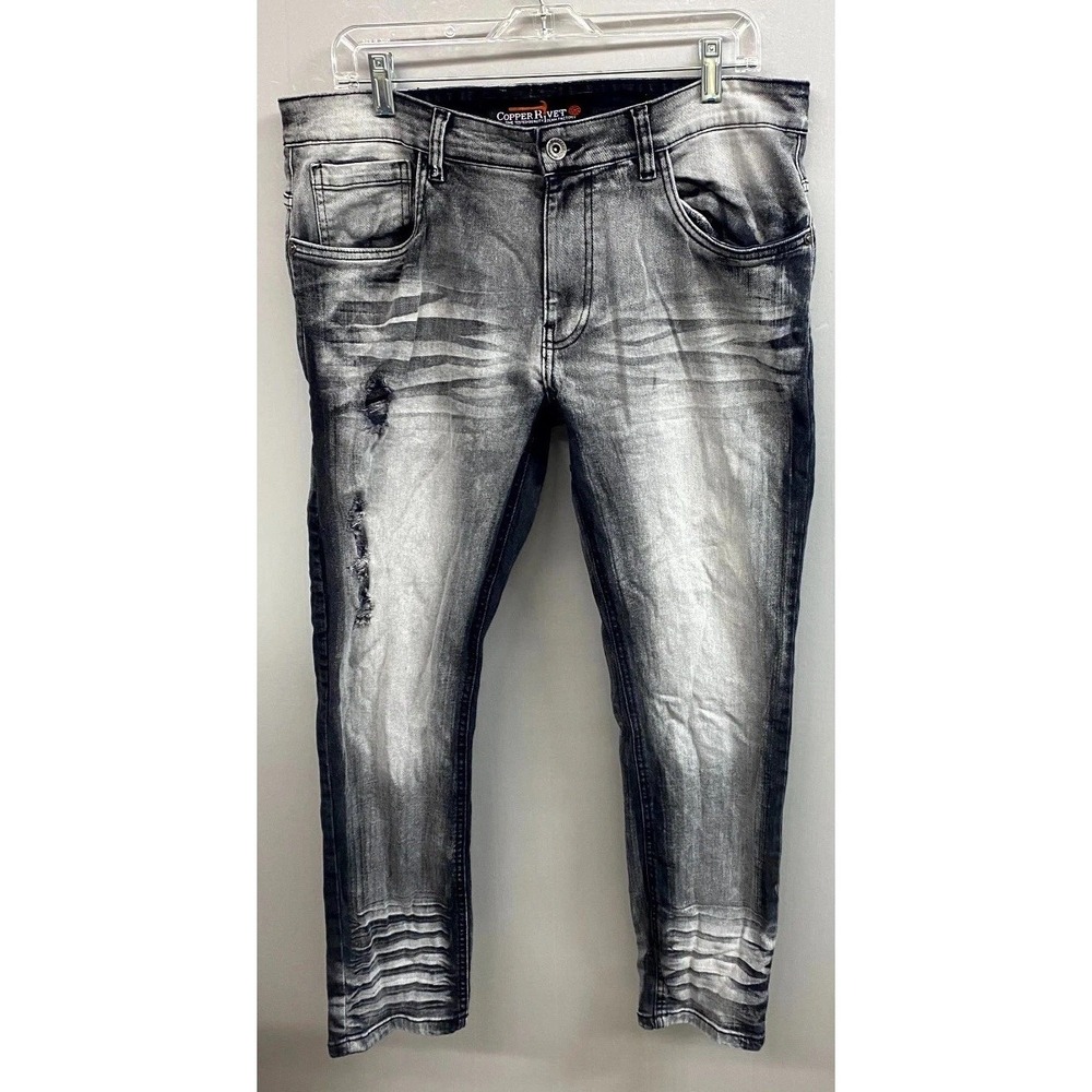 Copper Rivet Ripped Jeans Mens 34x30 Black Gray Denim Cotton Slim Fit Distressed